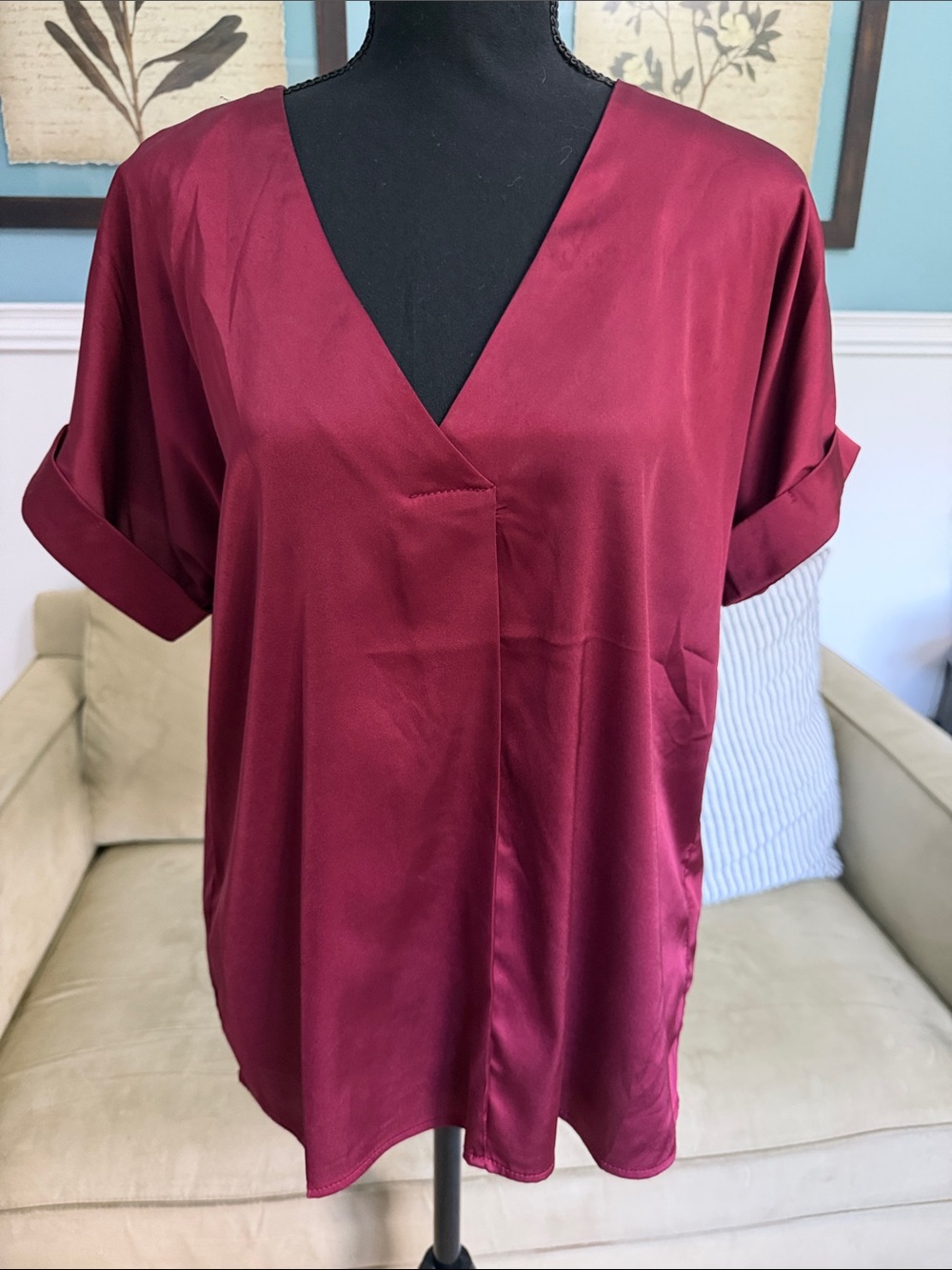 glam Satin V-Neck Blouse in Wine